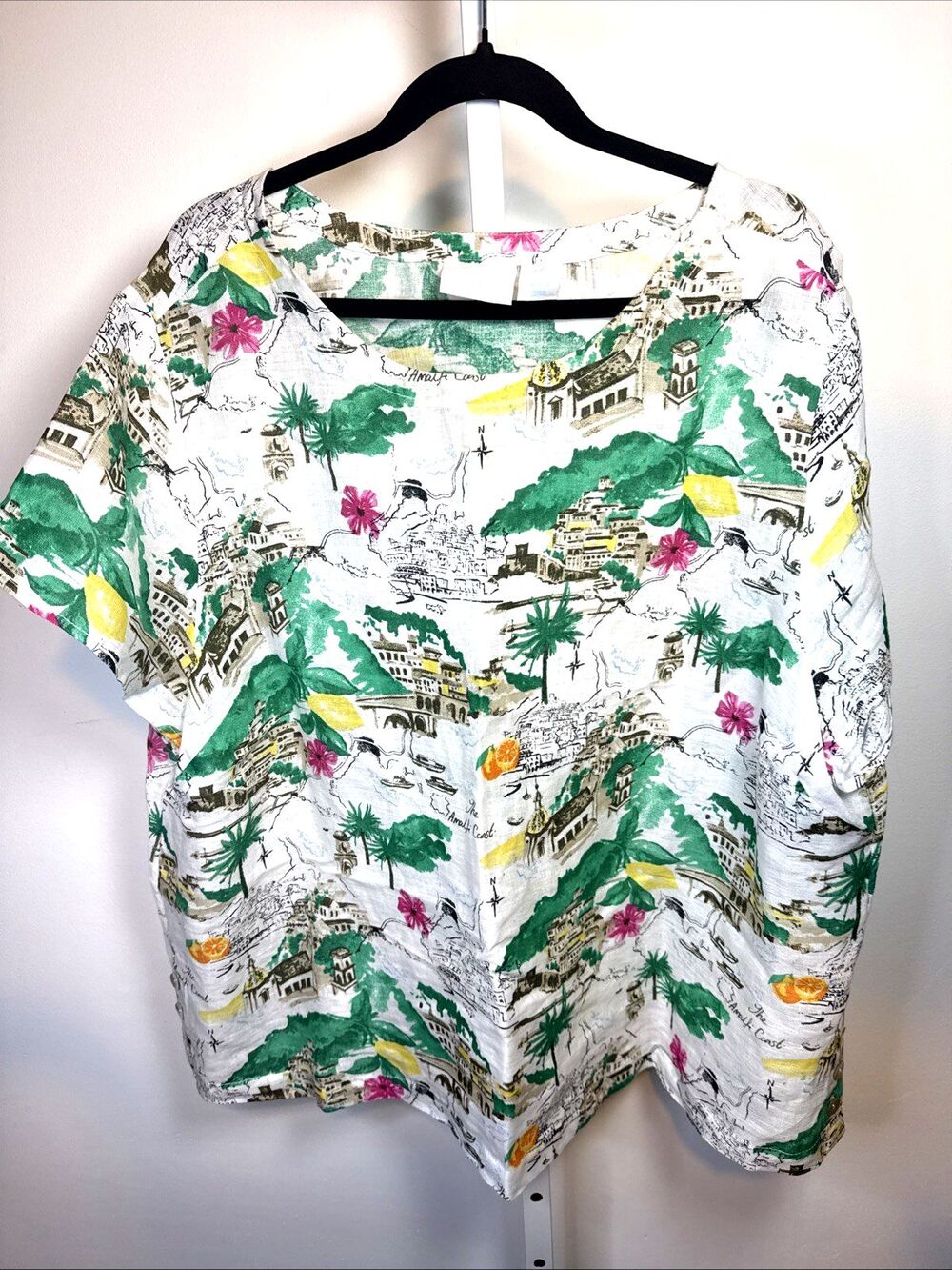 Cynthia Rowley 100% Linen Greek Island Print Top Women’s Size 3X Boxy Pullover